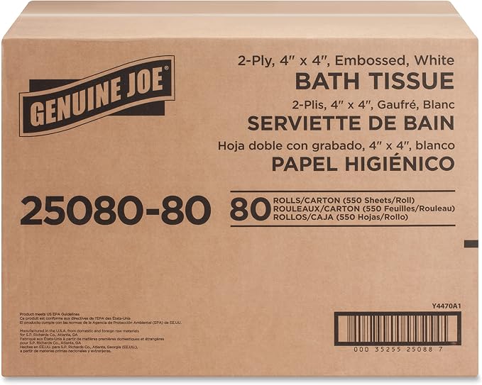 Genuine Joe Standard Bath Tissue, 4" x 4", 2-Ply, 550 Sheets/Roll, 80 Count