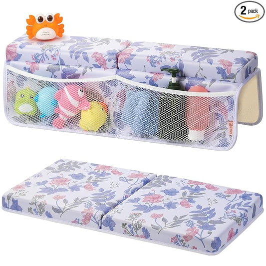 Bath Kneeler and Elbow Rest Pad Set - Comfortable 1.5” Thick Baby Bath Kneeler Pads with Toys Organizer, Non-Slip Knee Arm Support Bathtub Mat, Quick-Drying Kneeling Pad for Baby Bath Time