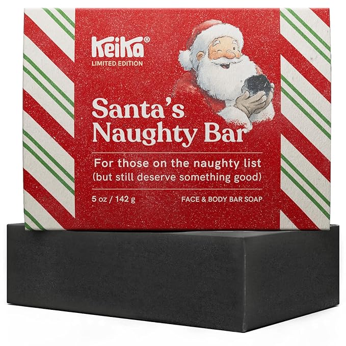 Keika Charcoal Christmas Soap – Santa’s Naughty Bar, Lump of Coal Holiday Gift Idea Stocking Stuffer for Men Women Teens, Natural Black Soap for Eczema, Psoriasis, Oily Skin, 5 oz.