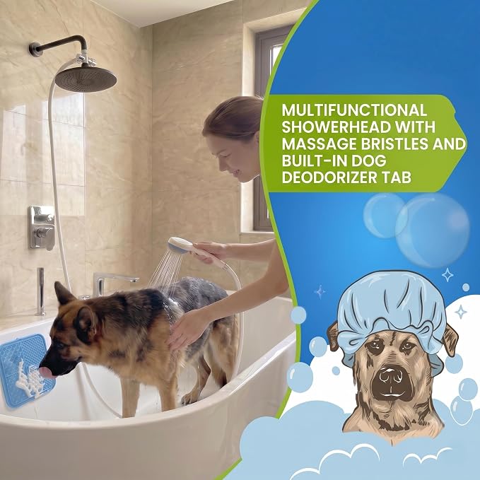 Dog Shower Sprayer Kit with Deodorizing Shower Steamers, Universal Pet Bathing Tool for Indoor & Outdoor Use with Silicone Massage Brush, 8.2ft Extra-Long Hose, Brass Diverter & Lick Mat
