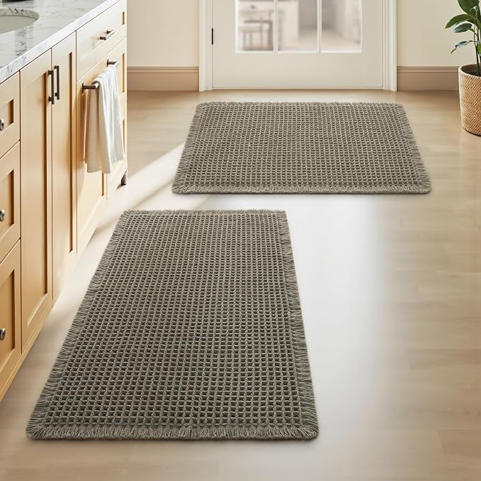 Upgraded Waffle Bath Mats Set of 2, Super Absorbent Non Slip Bath Mats for Bathroom Floor, Washable Boho Bathroom Rugs Set 2 Piece with Tassels, Soft Bathroom Mat Set, 18" x 30" (2 Pack), Green