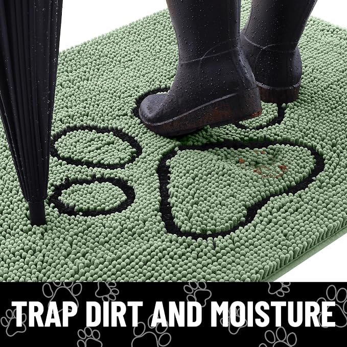 Smiry Dog Door Mat for Muddy Paws, Absorbent Dirt Trapper Non Slip Quick Dry Washable Chenille Mat for Mud Dogs, Entry Rug for Indoor and Outdoor (40x32 Inches, Olive Green and Black)