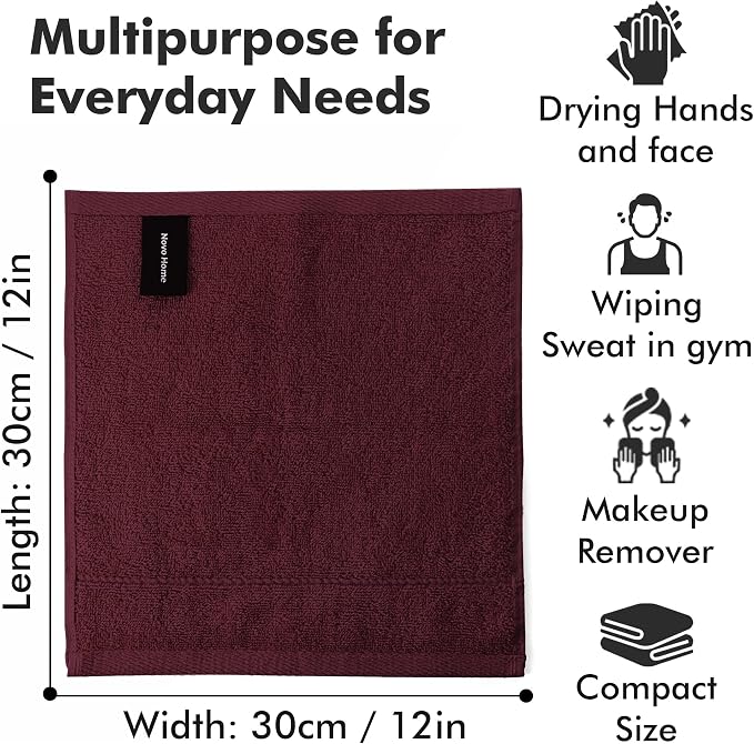 Face Towels Pack of 12 – 100% Cotton Wash Cloths (12x12 inch) – 550 GSM Soft, Quick Dry & Highly Absorbent Ring Spun Cotton Towels for Bathroom, Spa, Gym, Kitchen and for Daily Use - (Burgundy)