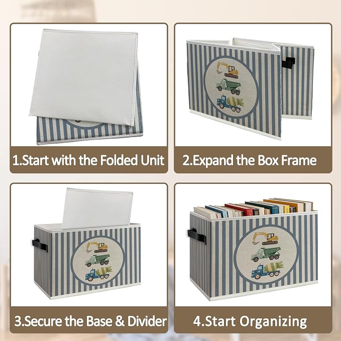 Construction Boy Nursery Foldable Storage Bins Box with Handles, Blue Striped Truck Car Collapsible Organizer Basket for Boys Kids Toddler Bedroom Bathroom Playroom Clothes Books