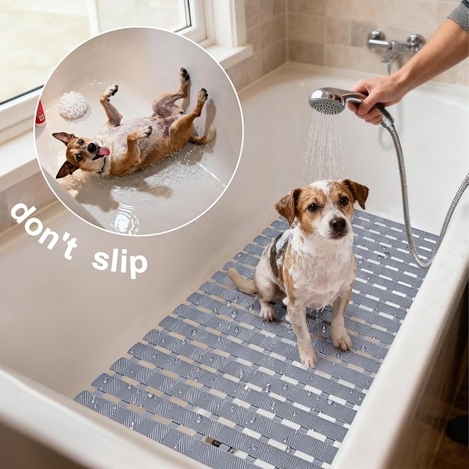 Non Slip Dog Bath Mat for Tub, Pet Dog Bathing Non-Slip Mat, Dog Bath mat for tub, 27.5x15.7 Inch Quick Drain Bathtub Mat with Suction Cups & Drain Holes for Bathroom (Khaki)