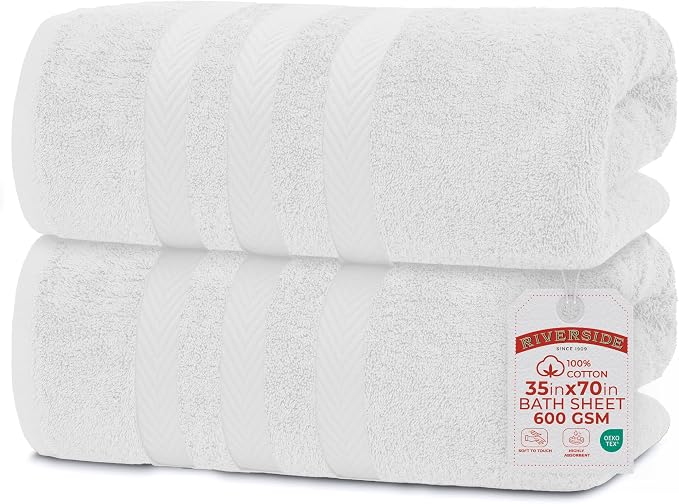 RIVERSIDE Pack of 2 Extra Large Bath Sheets 35 x 70 Inches, 100% Ring Spun Cotton, Hotel Quality, Oversized Bath Towels, Super Soft, Highly Absorbent & Quicker to Dry, White Bath Towels