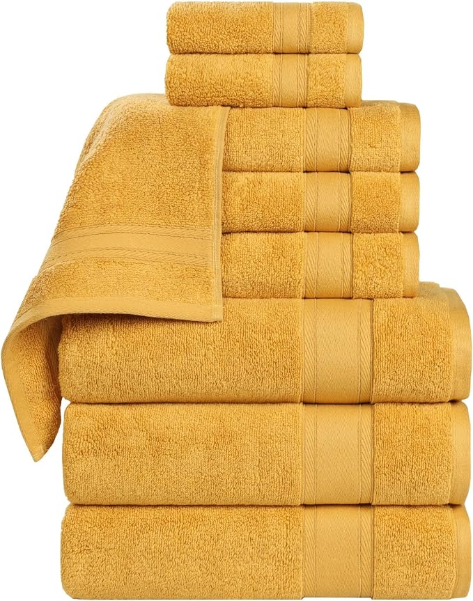 Superior Belmont Zero Twist Cotton Medium Weight Towels, for Guest Bath, Bathroom, Shower, Spa, Plush, Quick Dry, Ultra-Soft Towels, Bath Essentials, Thick Border, 9 Piece Assorted Towel Set, Gold