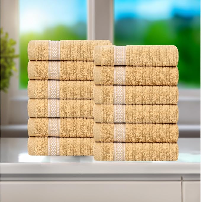 Superior Cotton Face Towel/Washcloth Set, Zero Twist, Ribbed Geometric, Small Facial Towels, Spa, Hotel, Guest, Home, Bathroom Basics, Plush Soft Absorbent, Luxury Quick Drying, Set of 12, Gold