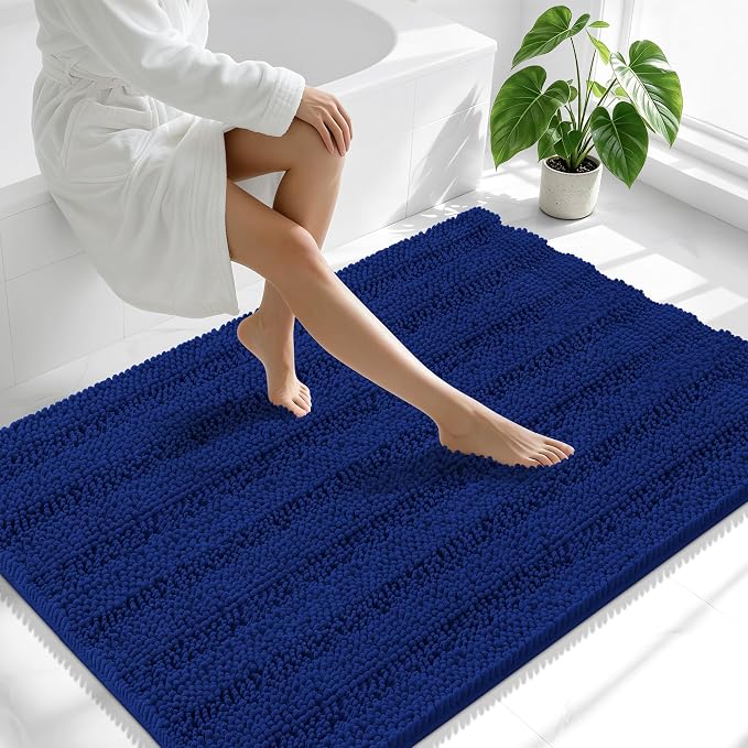 Smiry Thick Chenille Large Bathroom Rugs 40x32, Extra Soft Absorbent Striped Bath Mat, Machine Washable, Rubber Backing, Bath Rugs for Bathroom, Tub & Shower, Home Decor Accessories, Navy