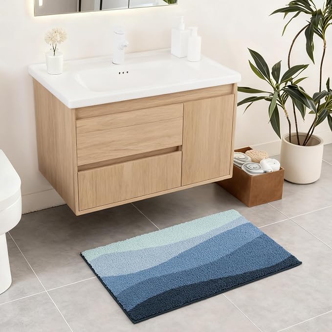 Exclusivo Mezcla Bathroom Rugs Mat 20x30, Extra Soft Non Slip Absorbent Microfiber Bath Rugs, Machine Washable Quick Dry Bath Mats for Bathroom Floor, Shower, Home Decor, Waved Blue