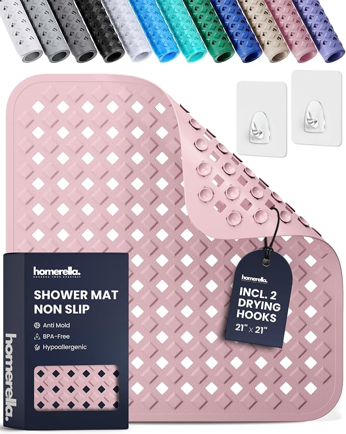 homerella® Shower Mat Non Slip Anti Mold, Non Slip Shower Mats for Inside Shower Stall Anti Slip Mat, Square Shower Floor Mat 21 x 21 in with Suction Cups & Hooks for Quick Drying, Machine Washable