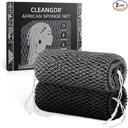 Cleangor 2Pcs African Net Sponge Authentic with Knots - Exfoliating Body | Scrubber for All Skin Types, African Bath Sponge, Wash Cloth, Gentle Exfoliation Shower Rag for Women Daily Use