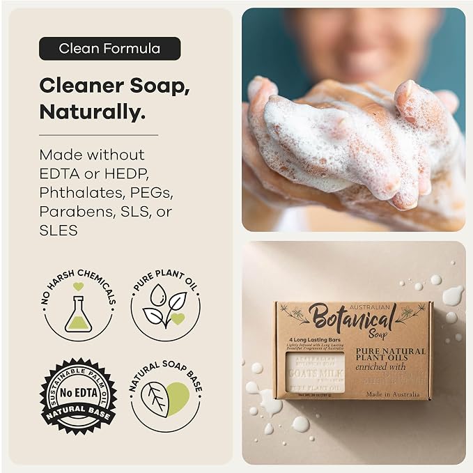 Australian Botanical Soap 6.5 OZ Pack of 4, Goat Milk Soap Bars with Soya Bean Oil, Enriched with Organic Shea Butter, Suitable for All Skin Types