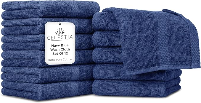 Cotton Washcloths Set of 12, 12x12 Inch, 100% Ring-Spun Combed Cotton, Soft Absorbent Quick-Dry Wash Cloths for Face and Body, Oeko-TEX Certified, Hotel & Spa Quality, Navy Blue
