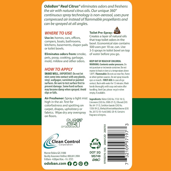 OdoBan Aroma Eliminator, 360-Degree Continuous Spray Natural Oil Real Citrus Air Freshener, Toilet Spray, 2-Pack, 10 Ounces Each, Orange Scent