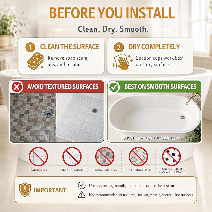 Yimobra Bathtub Mat Non Slip, Super Strong Suction Cups, 28"X16" Long Shower Mat with Drain Holes, Machine Washable Fast Draining Bath Mats, Bathroom Essentials,Beige