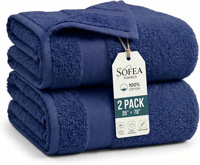 Sofea Bath Sheet Towels 2 Pack Oversized, (35 x 70 Inches) 100% Cotton Jumbo Bathroom Towels, Extra Large Soft Absorbent Bath Sheet Towels