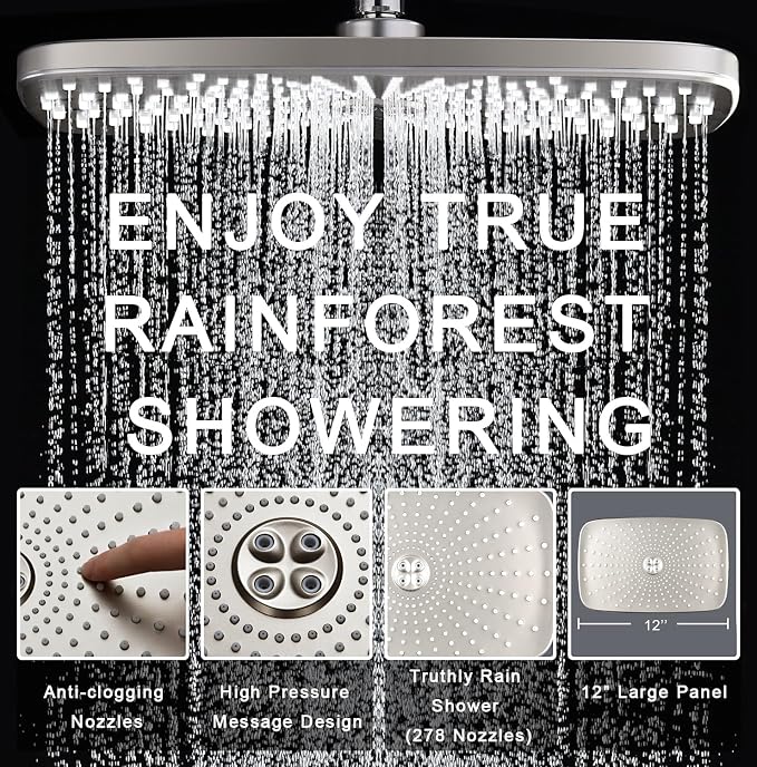 BOZYBO Rain Shower Head with Handheld: High Pressure Shower Heads with Handheld Spray Combo, 12" Rainfall Shower Head and 9 Sprays Hand Showerheads with Magnetic Docking and Power Jets, Nickel 1.8GPM