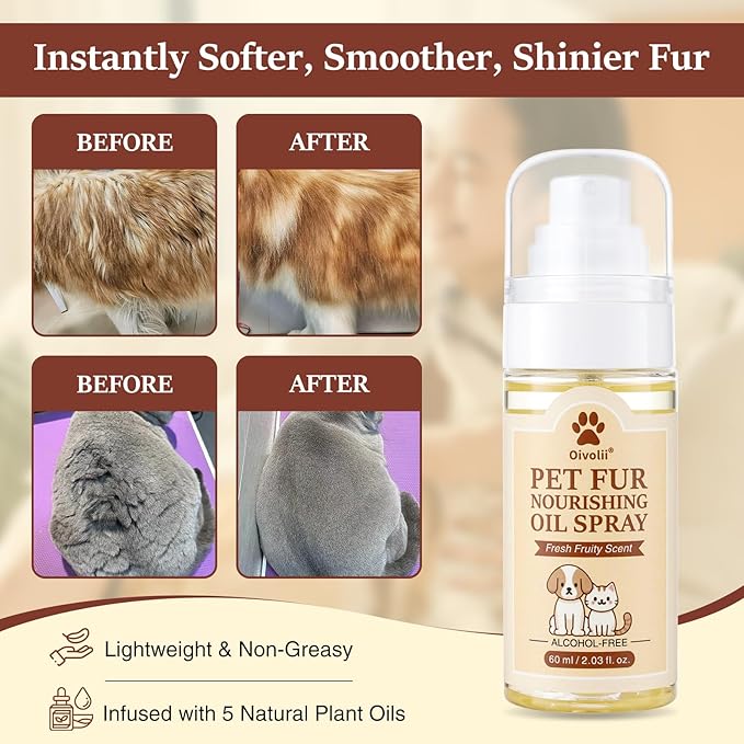 Dog & Cat Fur Oil & Coat Conditioning Spray – Leave-in Detangler & Conditioner Reduces Shedding with Coconut & Jojoba Oil – Natural,Alcohol-Free – Soft, Shiny Fur for Doodles, Poodles & Toy Breeds