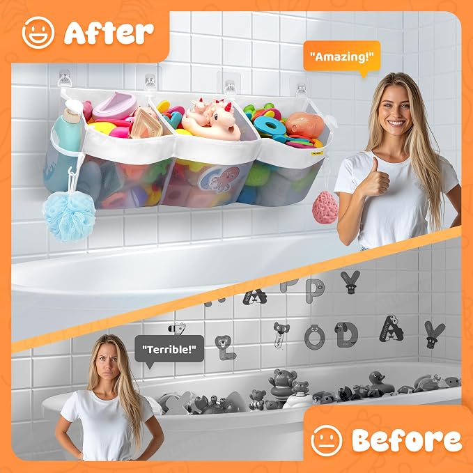 Bath Toy Organizer 3 Compartment Bath Toy Storage Bag Shower Caddy Quick Access Bathtub Toys Holder Baby Shower Games Tub Quick Dry Baby Bathroom Toys Storage Accessory Gray