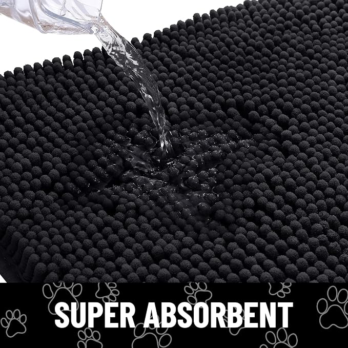 Smiry Dog Door Mat for Muddy Paws, Absorbent Dirt Trapper Non Slip Quick Dry Washable Chenille Mat for Mud Dogs, Entry Rug for Indoor and Outdoor (30x20 Inches, Black and White)