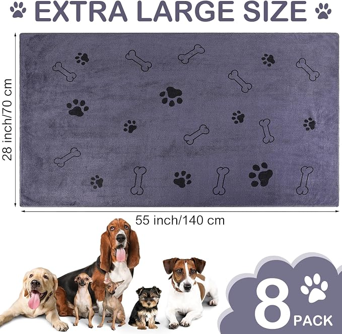Chumia 8 Pcs Microfiber Dog Towels for Drying Dogs Cats 55 x 28 Inch Pet Towels Bulk for X-Large Puppy Absorbent Fast Drying Paw Bath Bathing Supplies for Pets(Dog Paw and Bone, Gray)