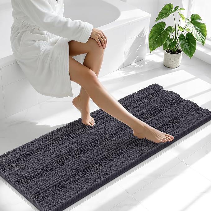 Smiry Thick Chenille Bathroom Runner Rugs 47x17, Extra Absorbent Striped Bath Mat, Machine Washable, Rubber Backing, Long Bath Rugs for Tub & Shower, Modern Home Decor Accessories, Dark Grey