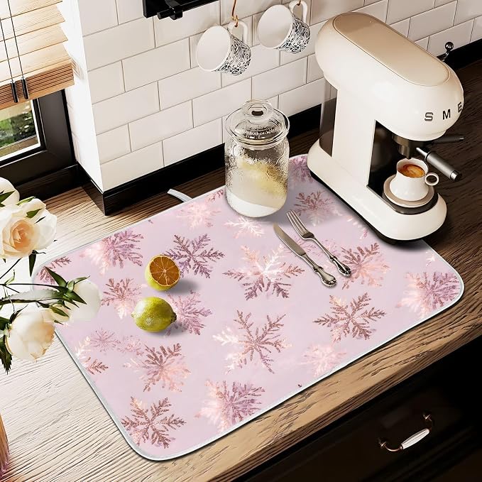 Rose Gold Snowflake Dish Drying Mat, Absorbent Drainer Mats for Kitchen Counter Coffee Maker 24"x18"