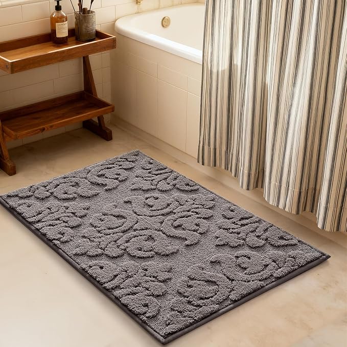 LUMI Bathroom Rugs Non Slip Rubber Backing, Ultra Soft Microfiber Bath Mat Machine Washable, Elegant Floral Bath Rugs for Shower Floor, Bathtub, Sink, 17x30, Grey