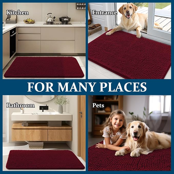 OLANLY Dog Door Mat for Muddy Paws 36x24, Absorbs Moisture and Dirt, Absorbent Non-Slip Washable Doormat, Quick Dry Chenille Mud Mat for Dogs, Entry Indoor Entryway Carpet for Inside Floor, Burgundy