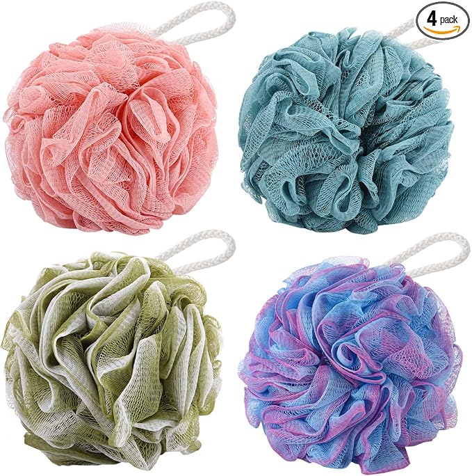 BTYMS 4Pcs Loofah Sponge 60g/pc Bath Puffs Shower Scrunchies Mesh Pouf for Shower