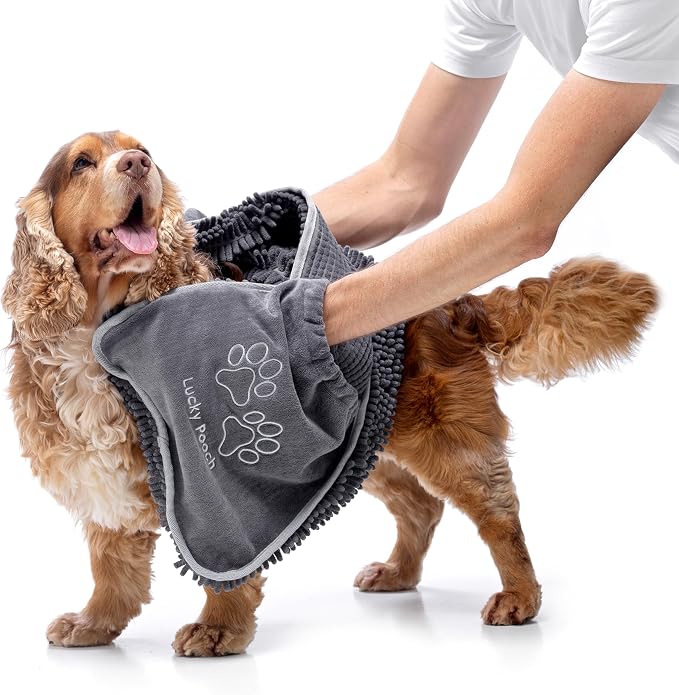 Lucky Pooch® Super Absorbent Shammy Dog Towel - Luxuriously Soft Hand Pockets – 34.5x12.5 – Quick Drying Microfiber Dog Bath Towel – Durable Dog Towels for Drying Dogs (Pack of 2, French Navy/Gray)