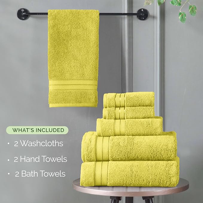 Elegant Comfort Luxury 6-Piece Towel Set, Premium Soft 100% Turkish Cotton, Three Line Popcorn Design 2 Bath Towels, 2 Hand Towels and 2 Washcloths Towel Set - Quick-Drying and Absorbent, Yellow