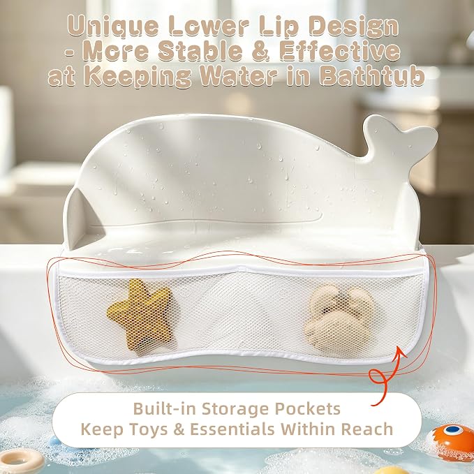 MCGMITT Splash Guard for Bathtub, Whale Silicone Bath Shelf for Kid, Bath Toys Storage with 130 Suction Cups, Leak-Proof Foldable Toddler Tub Water Barrier, Prevent Water Spills in Bathroom