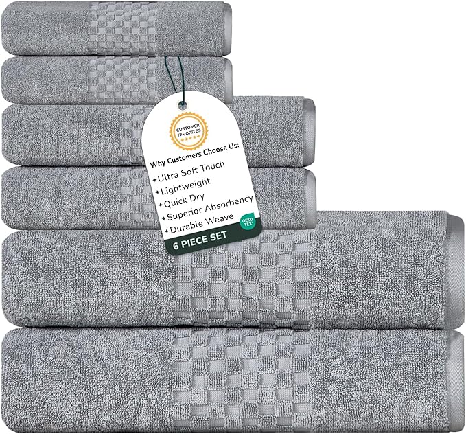 Feather & Stitch 100% Cotton 625 GSM Bath Towel Set of 6, Ultra Soft Highly Absorbent 2 Bath Towels, 2 Hand Towels & 2 Washcloth - Luxury Quick Dry Shower Towels (Grey)