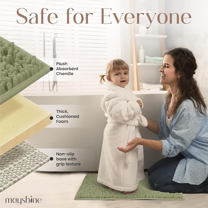 MAYSHINE Small Plush Shaggy Chenille Bath Mat 23"x14" Extra Soft, Super Absorbent, Non-Slip Bathroom Rug | Fluffy Microfiber, Area Rug Sets for Bathroom Floor, Kitchen, Living Room | Sage Green