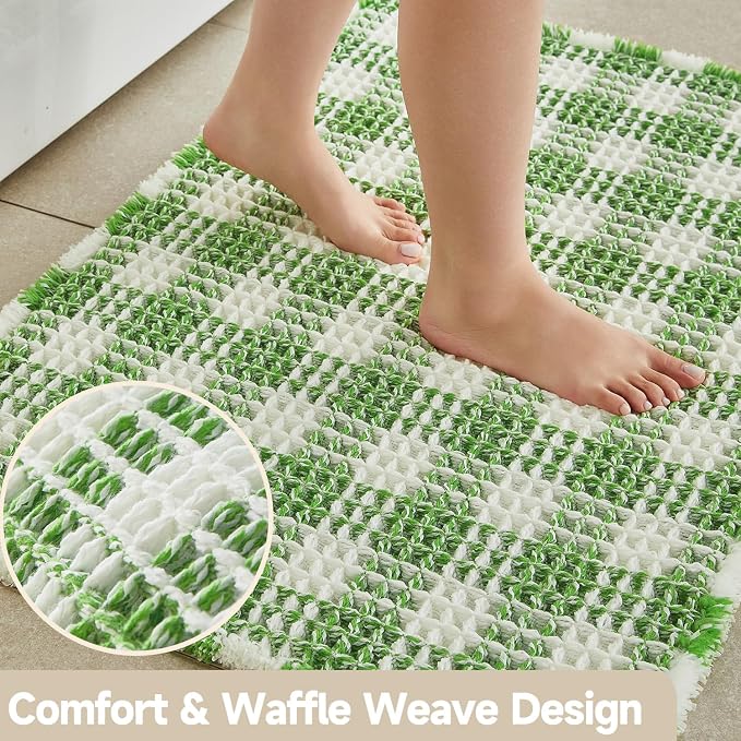 TYUU Waffle Bath Mat, Boho Bathroom Rugs Non Slip Washable Absorbent Checkered Bathroom Mat Quick Dry Cute Christmas Bath Mat, 30"x20" Green and White