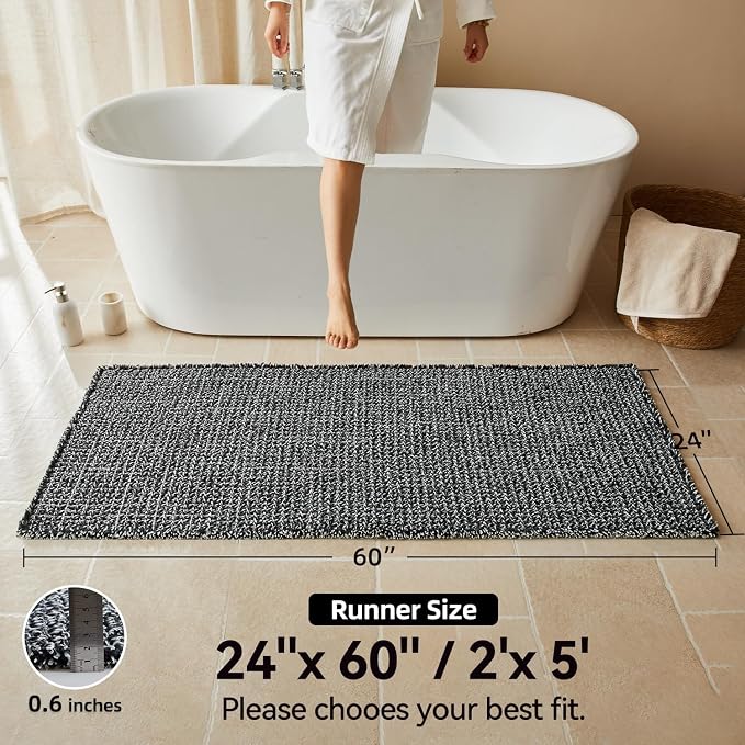 Triohero Waffle Runner Bath Mat - Long Bathroom Rugs Non Slip Washable, Ultra Soft Super Absorbent Quick Dry Boho Farmhouse Bathroom Decor, 24" x 60"', Black & White