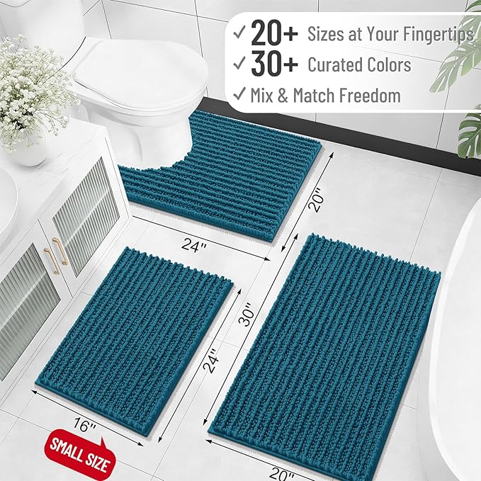 OLANLY Bathroom Rug Mat 59x35, Thick Soft and Absorbent Chenille Bath Mat, Non-Slip Rubber Backing, Machine Washable Quick Dry Bath Rugs for Tub Shower Floor, Home Decor Accessories, Peacock Blue