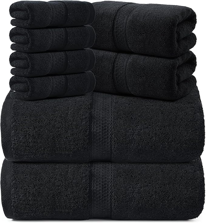 REDKISS 8 Piece Cotton Towel Sets for Bathroom - 2 Oversized Bath Sheets (35x70 in), 2 Hand, 4 Washcloth, Super Soft Quick Dry Highly Absorbent Balck Bath Towel Set for Home Gym Dorm Spa