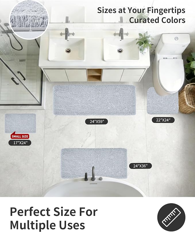 ILANGO Silver Bathroom Rugs 32" × 20" Non Slip & Super Absorben Extra Thick Soft, Washable Bath Mat for Floor, Microfiber Plush Shaggy Bath Rug with Tub for Bathtub Shower Room Sink
