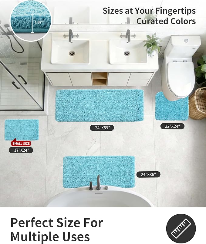 ILANGO Teal Bathroom Rugs 24" × 17" Small Non Slip & Super Absorbent Extra Thick Soft, Washable Bath Mat for Floor, Microfiber Plush Shaggy Bath Rug with Rubber for Bathtub Shower Room Sink