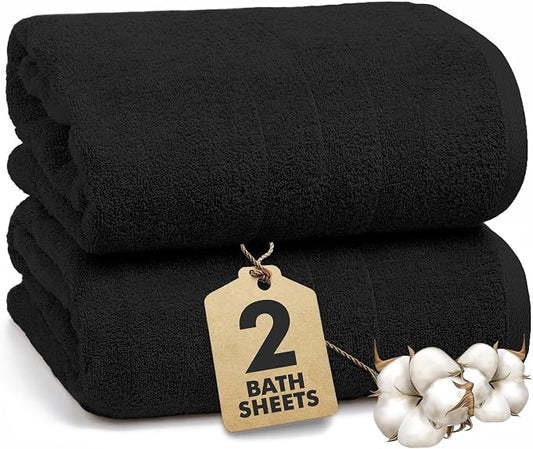 Bath Sheets – 550 GSM Extra Large Bathroom Sheet Set – Pack of 2 Jumbo Towels Black (71x35in) – 100% Ring Spun Cotton Soft Quick Dry Large Bath Towels for Adults Hotel Spa Bathroom Use