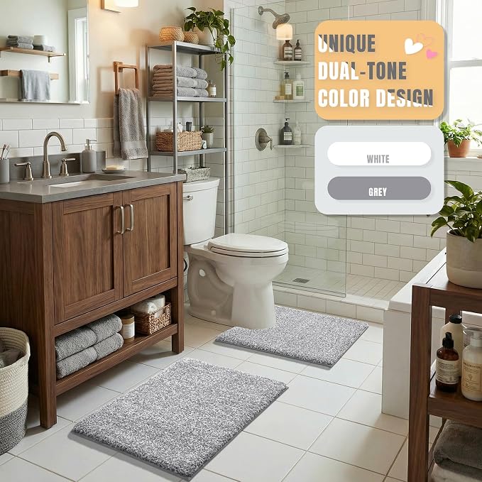 Yimobra Cushioned Anti-Fatigue Bathroom Rug, Bath Mat Non Slip Washable, Dense Soft Microfiber for Bathroom Sink, Shower, Tired Feet Comfort, Absorbent, 24" X 17", Grey and White