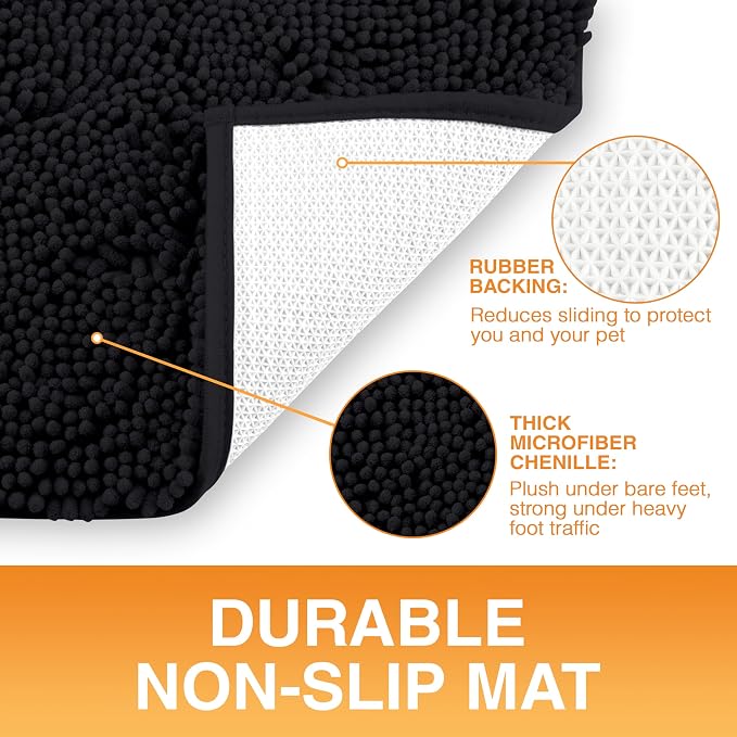 Neater Pets Muddy Paws Dog Door Mat 30” x 20” – Super Absorbent & Quick-Dry Chenille Doormat for Trapping Dirt, Water, Mud - Non-Slip & Machine Washable Pet Rugs for Entryway, Indoor Mud Mats, Black