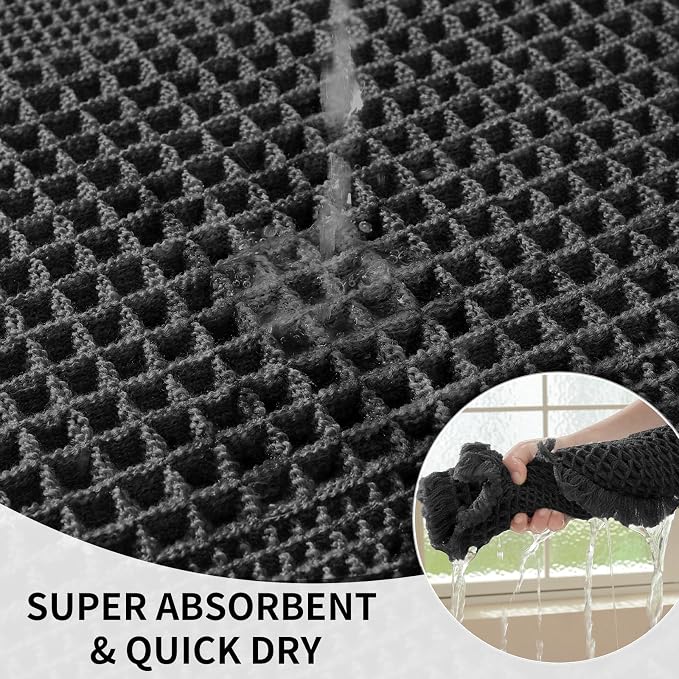 Waffle Bath Mat - Super Water Absorbing Bath Mat Quick Dry, Bathroom Rugs Non Slip Washable with Tassels, Rubber Backed Bathroom Mat for Bathroom Floor, Tub and Shower, 20" x 32", Black