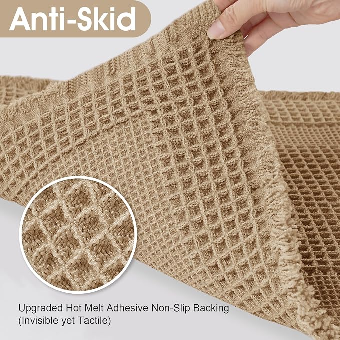 Upgraded Waffle Bath Mat Set 2 Piece Beige-Looped, Super Absorbent Non-Slip Quick Dry Bathroom Rugs with Tassels, Machine Washable Ultra Soft Boho Bath Rugs for Floor, Toilet Mats Boho Farmhouse Decor