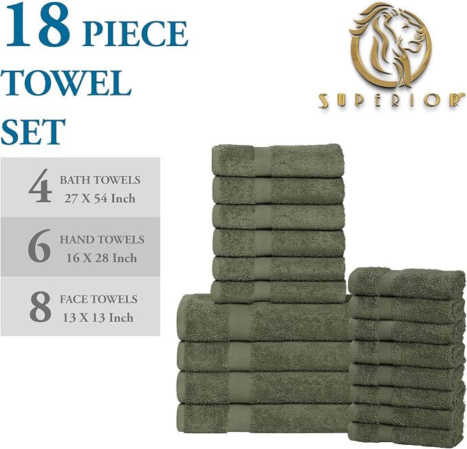 Superior 18-Piece Cotton Assorted Towel Set, Includes 8 Face Towel, 6 Hand, and 4 Bath Towels, Home, Bathroom, Guest Bath Essentials, Quick Dry, Absorbent, Franklin Collection - Forest Green