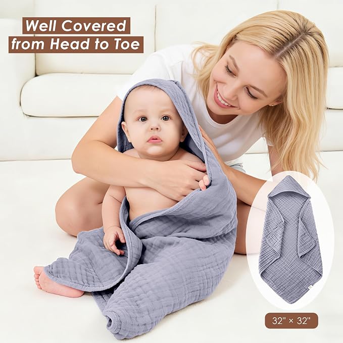 Ease Cubs 3-Pack Muslin Hooded Baby Towels, 100% Cotton, Ultra-Soft & Absorbent Baby Bath Towels with Hood for Babies, Infant, Toddler and Newbron (Grey, Green and Slate,32" x 32")