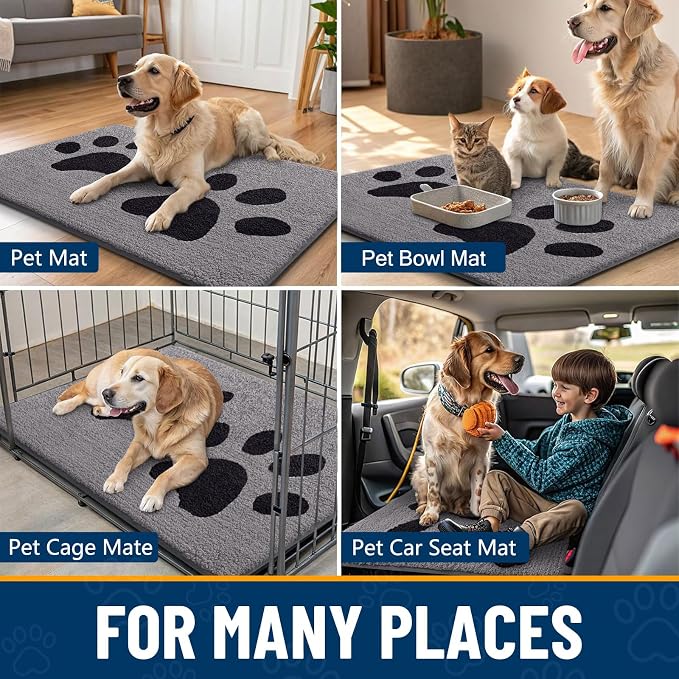 Smiry Dog Door Mat for Muddy Paws, Absorbs Moisture and Dirt, Low-Profile Entryway Mat with Non-Slip Backing, Entry Indoor Outdoor Doormat for Inside Floor (47x24 Inches, Grey, Paw)